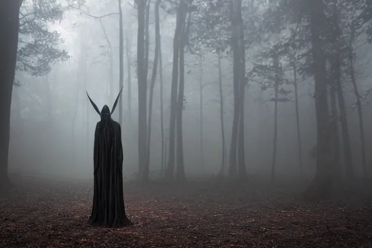 Image similar to a close shot of an ominous alien being standing in a forest, detailed, mythical, mist, depressing, tired, dark, lush, nature, mist, mystery, glows, somber, dismal, fog, heavy fog, dark lighting, rim light, glow, ambient light,