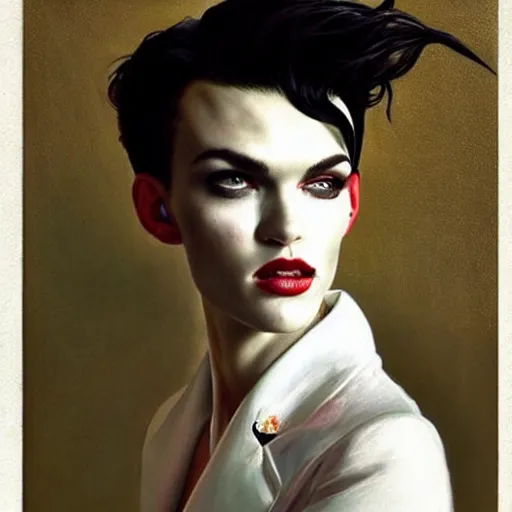 Image similar to stunning portrait of androgynous ruby rose as desire from sandman in a white tuxedo!!!, rockabilly style, by jeremy mann, by alphonse mucha, by peter lindbergh, dave mckean, by frank moth, white suit and black tie, soft lightning, high detailed, 8 k