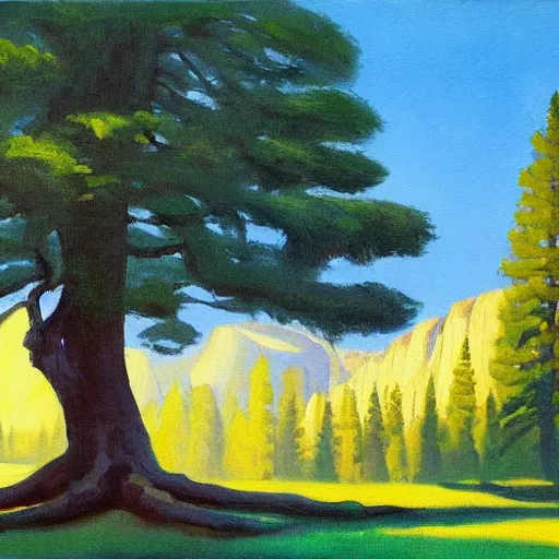 Image similar to a beautiful painting of a sequioia tree in the middle of yosemite valley in the style of edward hopper