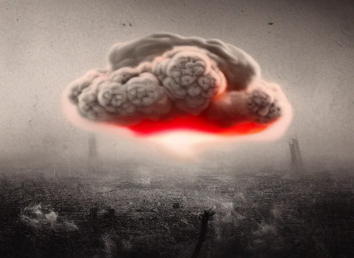 Image similar to soft drawing of a photorealistic life-like nuclear explosion with a mushroom cloud and shockwaves with dust and fog in the city. Centered. Horror dystopia style. Highly detailed 8k. Intricate. Nikon d850 300mm. Award winning photography.