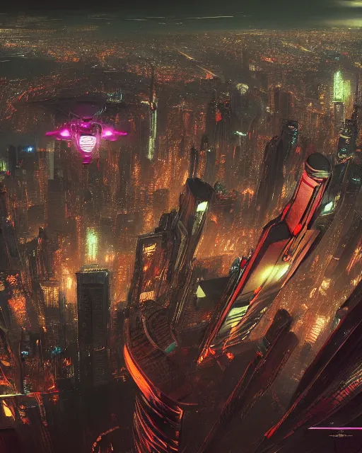 Image similar to cyberpunk drone above a city, scifi, futuristic, neon light, highly detailed, concept art, sharp focus, trending on artstation, intricate, atmosphere, raining, art by roman makarenko, dzung phung dinh