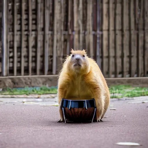 Image similar to high resolution photo of a capybara playing a jazz drum set, wide angle, 2 8 mm