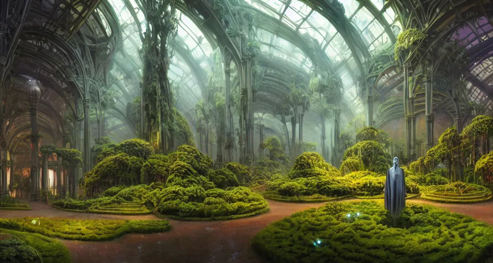 Prompt: lush garden god rays dramatic perspective organic 3 d fractal a minimalist cinematic scifi with giant bright translucent bioluminescent microscopy, gigantic pillars, victorian shopping mall courtyard maschinen krieger, beeple, the matrix, star wars, ilm, star citizen, mass effect, oil painting by donato giancola, chris foss, warm coloured, artstation, atmospheric perspective