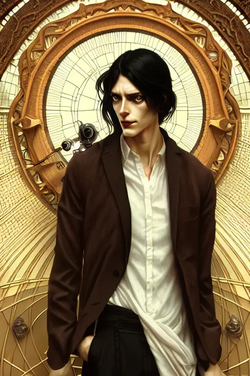 Image similar to ultra realistic, thin man in nice modern clothes, black hair, brown eyes, occult jewelry, fantasy, intricate details, eerie, highly detailed, octane render, 8 k, art by artgerm and alphonse mucha and greg rutkowski