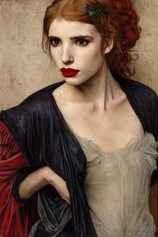 Prompt: emma roberts as a bandit queen, goddes of the vampires, red silk dress, bloodshot eyes by edgar maxence and caravaggio and michael whelan and delacroix