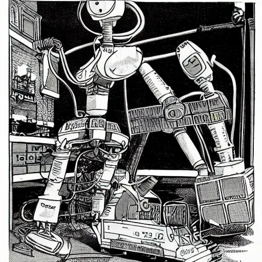 Prompt: a vintage comic illustration of depressed little construction mouse deconstructing a robot, by brian jacques and diep westendorp