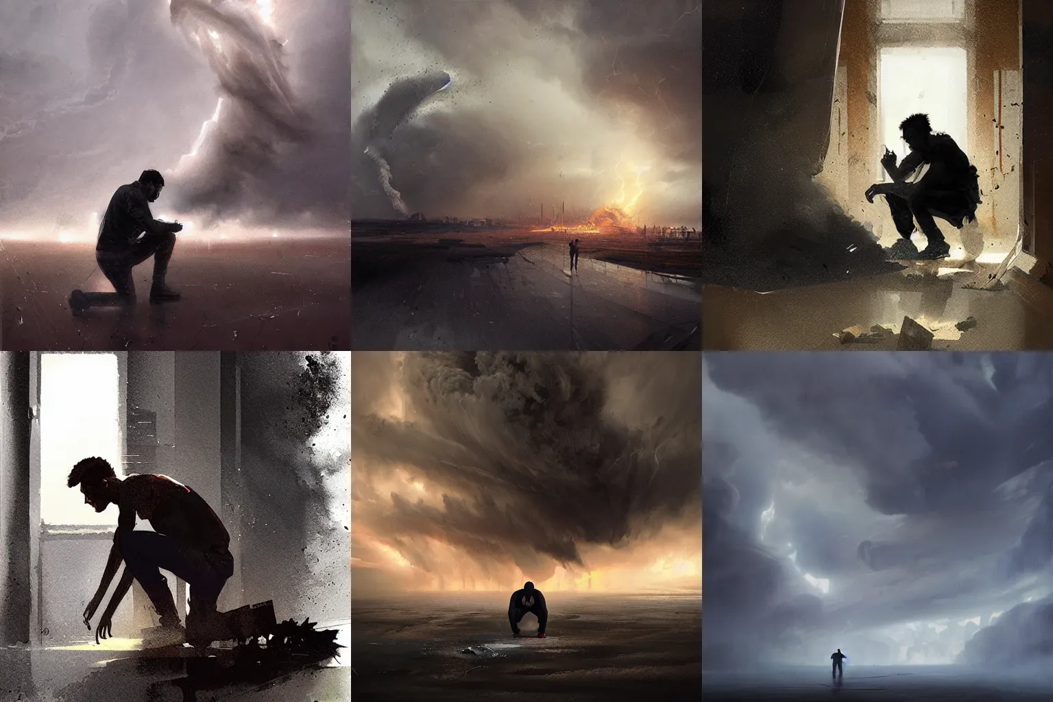 Prompt: silhouette of a man crouching on the floor, tornado by greg rutkowski