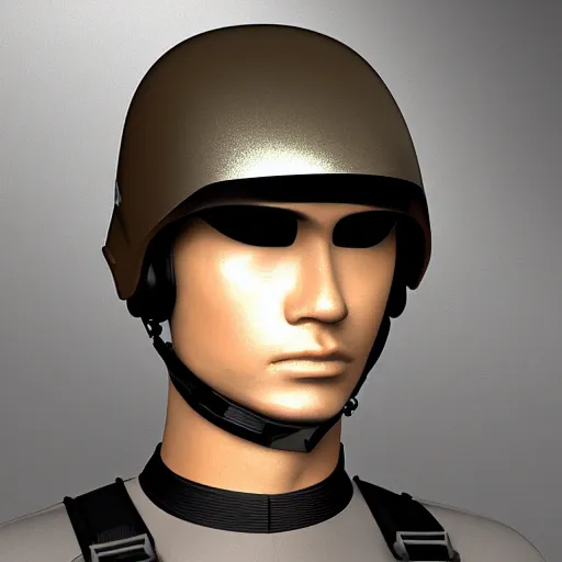 Image similar to futuristic insurgent wearing black helmet glossy visor, brown cloak, technical vest, and a backpack, photorealistic, digital art