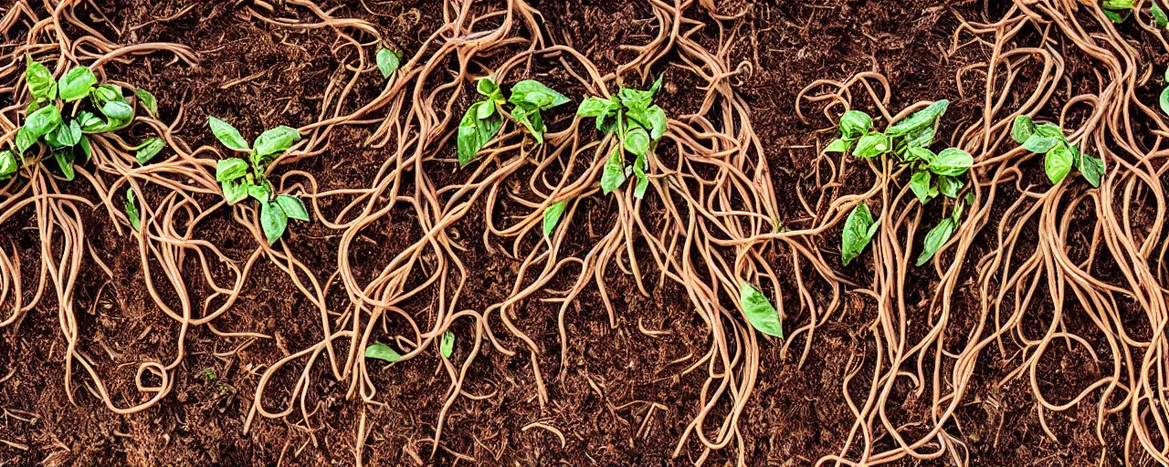 Prompt: roots made of spaghetti buds, growing out of the dirt, kodachrome, in the style of wes anderson, retro