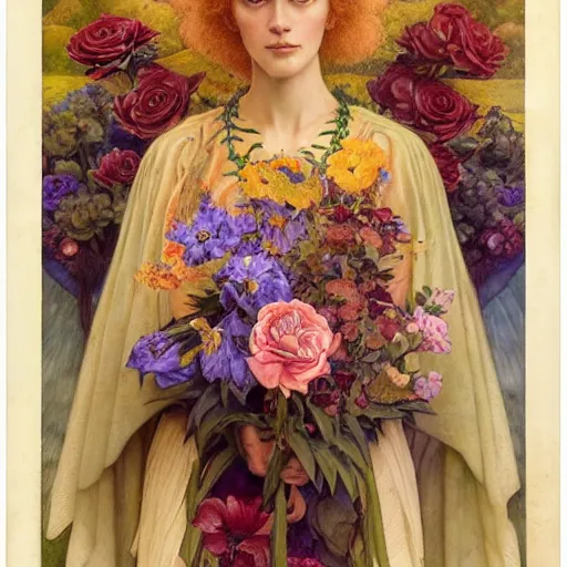 Image similar to queen of flowers, by annie swynnerton and charlie bowater and tino rodriguez and nicholas roerich and jean delville and evelyn de morgan, dramatic lighting, floral tattoos, rich colors, smooth sharp focus, extremely detailed, donato giancola, adolf wolfli