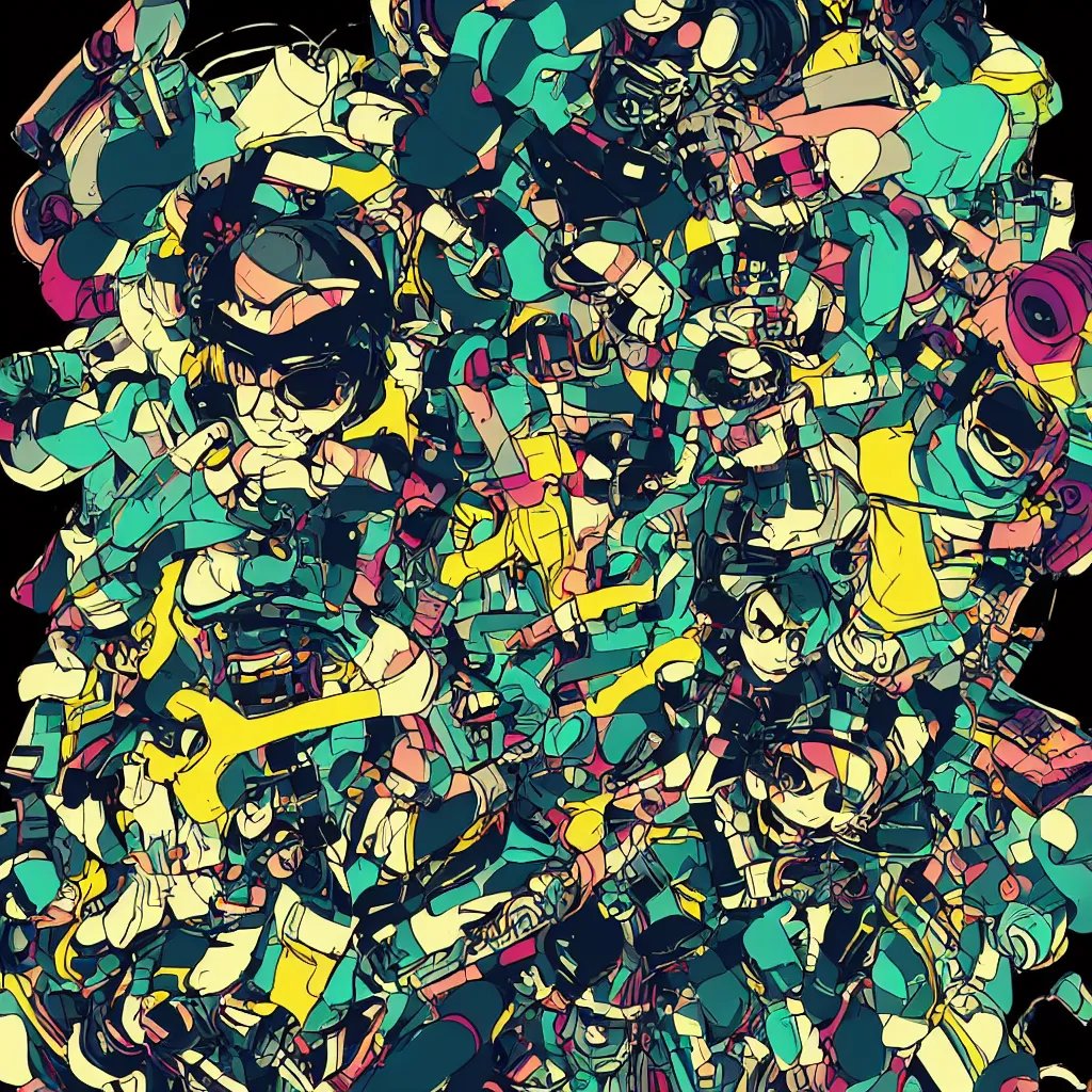 Image similar to in love ryuta ueda artwork, jet set radio artwork, stripes, gloom, space, cel - shaded art style, broken rainbow, data, minimal, speakers, code, cybernetic, dark, eerie, cyber