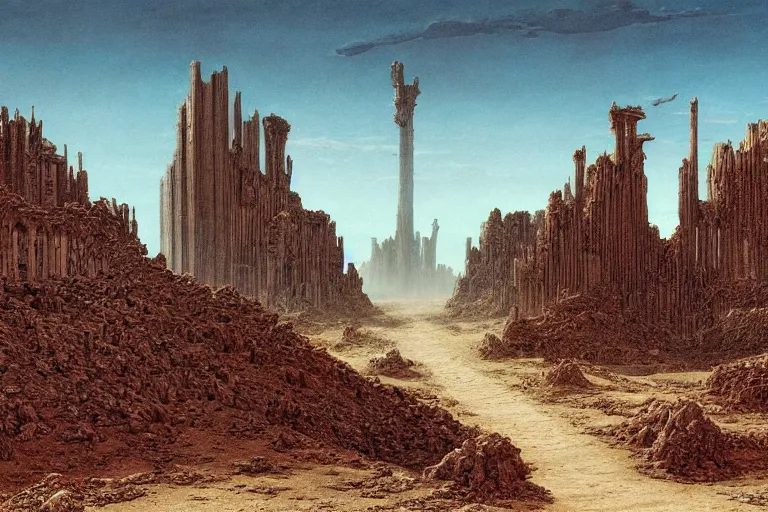 Image similar to intricate, 3 d, endless wastes vast desert abandoned buildings, style by caspar david friedrich and wayne barlowe and ted nasmith