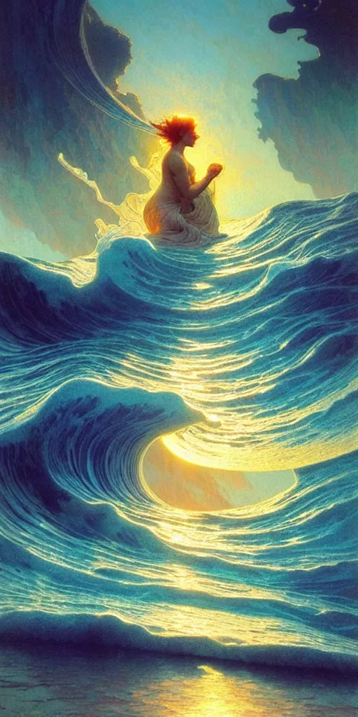 Prompt: ocean wave around ancient translucent iceberg, lsd water, dmt ripples, backlit, sunset, refracted lighting, art by collier, albert aublet, krenz cushart, artem demura, alphonse mucha