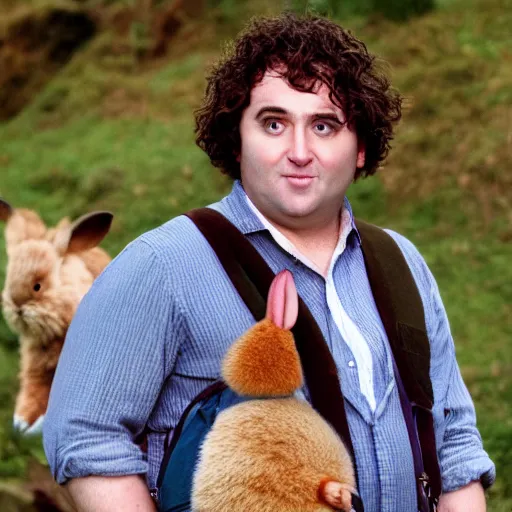 Prompt: clean shaven pudgy British lad with short curly dark brown hair as a hobbit wearing a white men's crossbody sling chest bag and blue vest standing next to a giant rabbit, blue vest! white crossbody chestbag! high resolution film still, movie by Peter Jackson