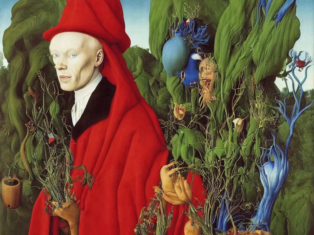 Image similar to portrait of albino mystic with blue eyes, with beautiful exotic carnivorous plant. Painting by Jan van Eyck, Audubon, Rene Magritte, Agnes Pelton, Max Ernst, Walton Ford