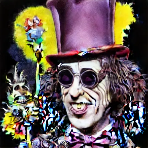 Image similar to graphic illustration, creative design, willy wonka as alice cooper, biopunk, francis bacon, highly detailed, hunter s thompson, concept art