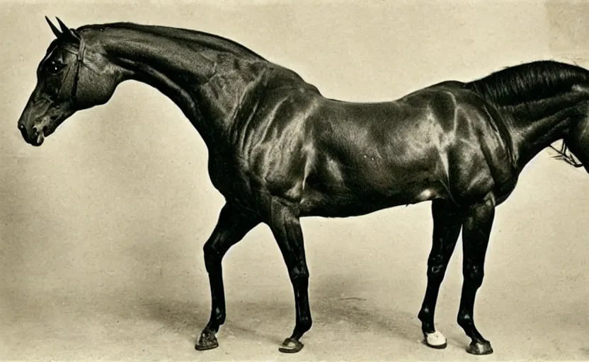 Image similar to strong horse with big muscles. bodybuilder, strong, 1 9 0 0 s