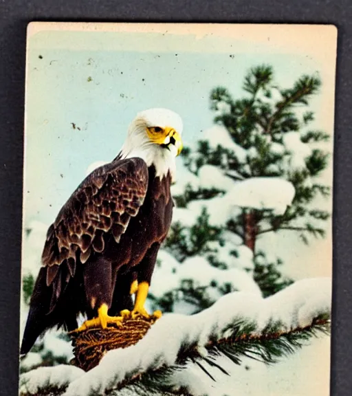Image similar to damaged postcard of 'an eagle in the nest of a snowy pine tree' laying on table, long shot