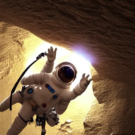 Prompt: A photorealistic 3D render of an astronaut floating in a cave, by stuz0r, trending on instagram, trending on artstation, volumetric lighting, Photoreal Octane Render, PBR Texturing, physical based render,