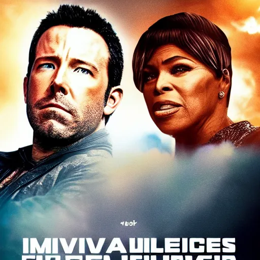 Prompt: movie poster of movie climate catastrophe 2 0 5 0, where the world is burning from global warming. starring ben affleck and tina turner.