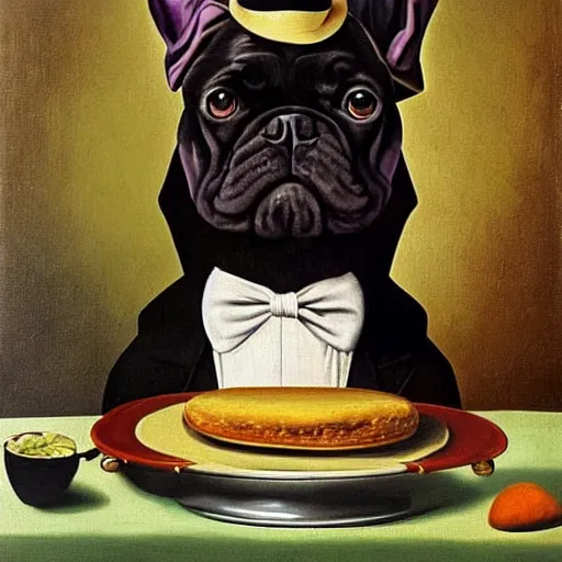 Prompt: a portrait picture of a black french bulldog wearing a dinner jacket wearing a hat wearing a hat wearing a hat sitting at a table at a crowded french cafe classic oil painting by salvador dali surrealism