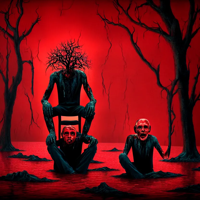 Image similar to a portrait of a man with five heads, twelve arms, sitting on chair made of human limbs, the chair is floating in a lake of blood, around the lake are melting trees, digital art, hyperrealistic nightmare scene, supernatural, highly detailed, creepy, terrifying