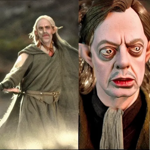 Image similar to Real Stills of wax sculpture Steve Buscemi playing a lord of rings elf in the new upcoming TV show promo ARRIFLEX 435 Camera