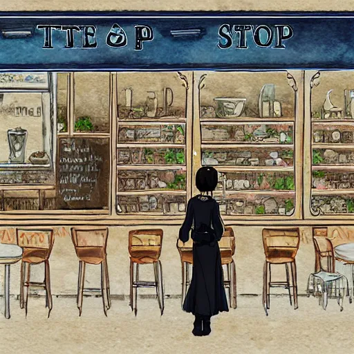 Prompt: the tea shop on the corner, a scene drawn by Makoto Shinkai