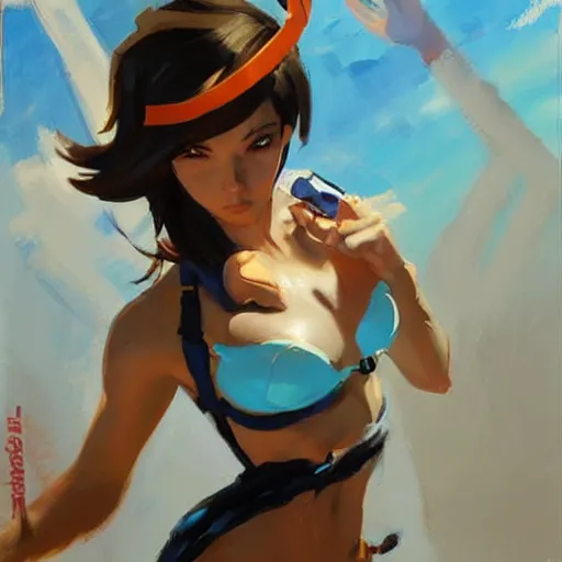 Prompt: greg manchess splashart painting of overwatch's tracer in a bikini