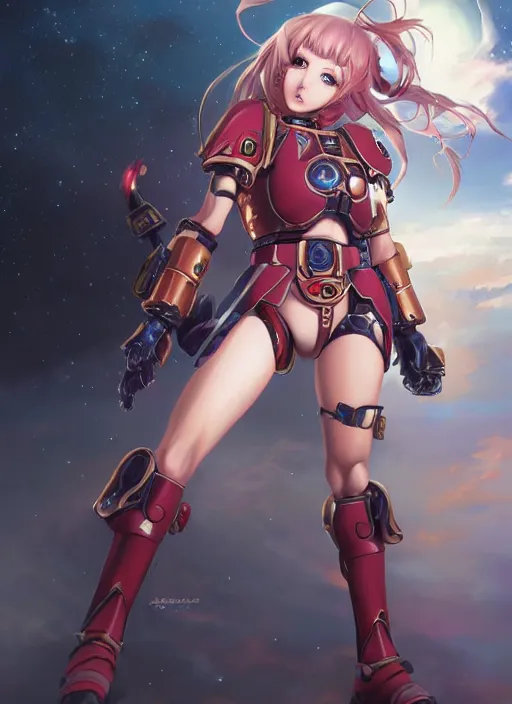 Image similar to semi realistic anime illustration of space marine girl made by stanley artgerm, wlop, rossdraws, james jean andrei riabovitchev, marc simonetti, yoshitaka amano, artstation