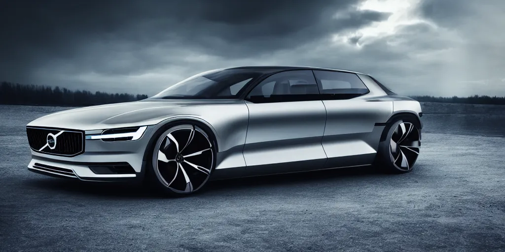 Image similar to a design of a futuristic Volvo, designed by Polestar and DMC, northern lights background, brushed rose gold car paint, black windows, dark show room, dramatic lighting, hyper realistic render, depth of field