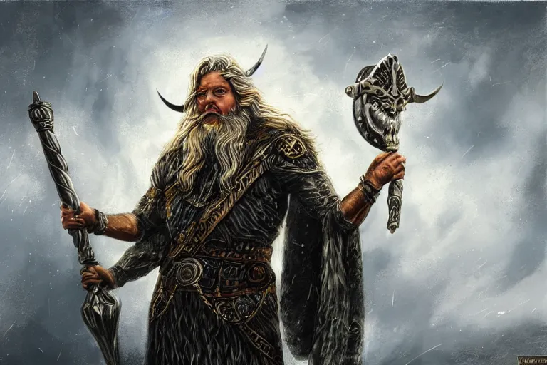 Prompt: mythological Odin all father god of thunder and artificial intelligence creating an artificial neural network with synapses on an anvil in the ethereal city of valhalla, high resolution, award winning art, trending on art station, sharp image, incredibly detailed, odin all father detailed character realistic painting