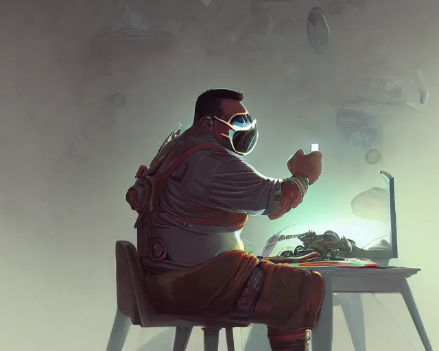 Image similar to an insanely detailed painting of a slightly chubby, nerdy asian man wearing a superhero costume and mask, sitting at a desk, staring at the nervously at the computer and typing, in the style of peter mohrbacher, dramatic lighting and composition, octane render, trending on artstation, concept art, comic book, view from behind