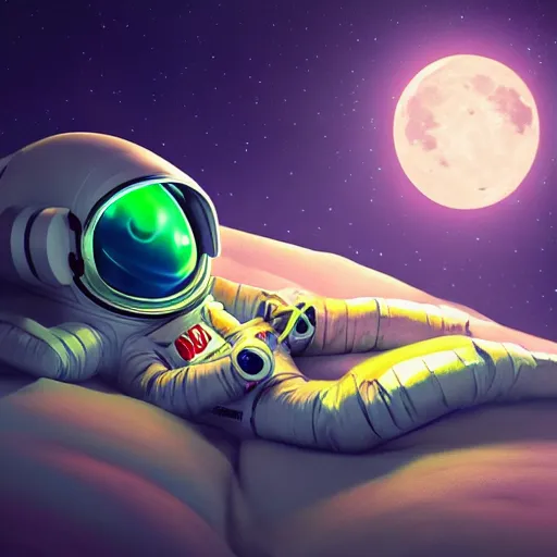 Image similar to tiny astronaut sleeping in bed on moon, time machine, ice, bioluminescence, vegetation, colorful, rim light, highly detailed, tilt shift, digital painting, concept art, smooth, sharp focus, pleasing aesthetics, 3 d render, octane render, disney pixar, 4 k