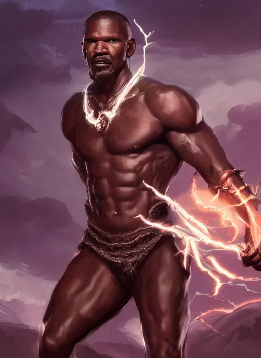 Image similar to a highly detailed illustration of Jamie Foxx as a bearded short fade hair african warrior god of lightning, evil floating pose, moonlit clouds background, muscular, intricate, elegant, highly detailed, centered, digital painting, artstation, concept art, smooth, sharp focus, league of legends concept art, WLOP