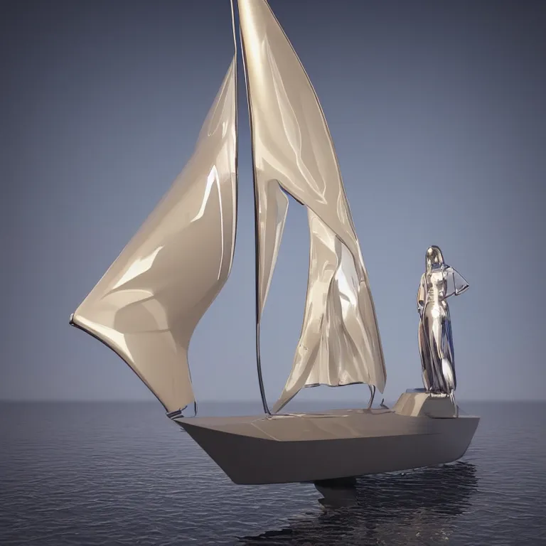 Image similar to octane render portrait by wayne barlow and carlo crivelli and glenn fabry, a futuristic sailboat with sails made out of clear iridescent plastic, cinema 4 d, ray traced lighting, very short depth of field, bokeh