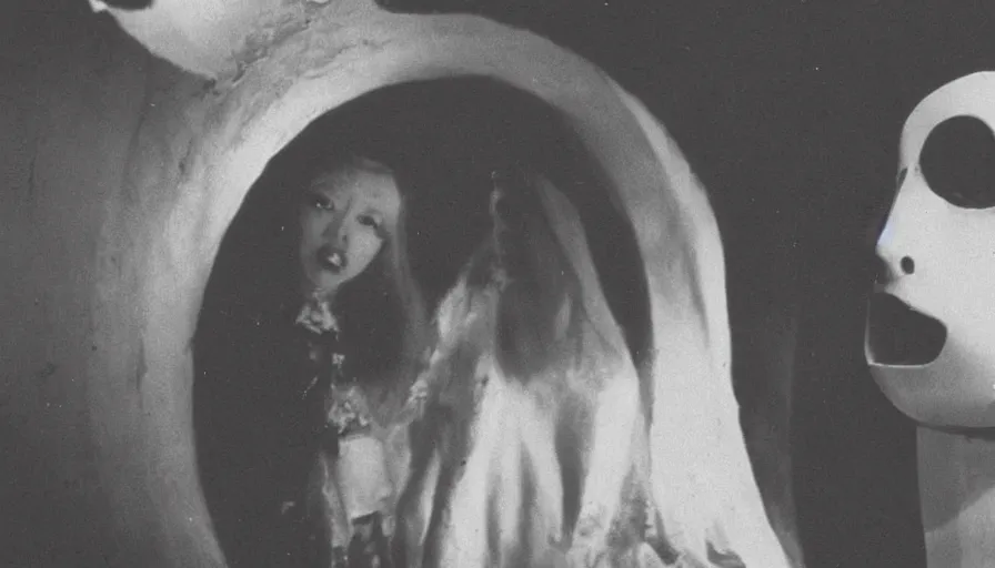 Image similar to 50s movie still close-up portrait of a white female japanese phantom with a taxidermic bloody jaws and esoteric dress in a liminal space style tunnel, early black and white 8mm, heavy grain, low quality,