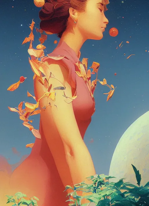 Image similar to closeup hyperdetailed shot if a gorgeous beautiful girl on the moon caring for ripen tomato plants inside a crater filled with smoke, planet Earth in the sky by Craig Mullins, ilya kuvshinov, krenz cushart, artgerm trending on artstation by Edward Hopper and Dan Mumford and WLOP and Rutkovsky, carl spitzweg and moebius, Unreal Engine 5, Lumen, Nanite