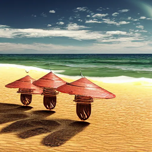 Image similar to elongated woks, on a beach, photorealistic, 8k