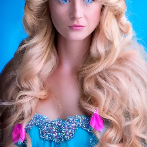 Prompt: close up headshot of a princess with long blonde hair and blue eyes wearing a strapless elaborately beaded pink dress, high resolution film still, 8k, HDR color, film by Simon Langton and David Frankel, diamond shaped face