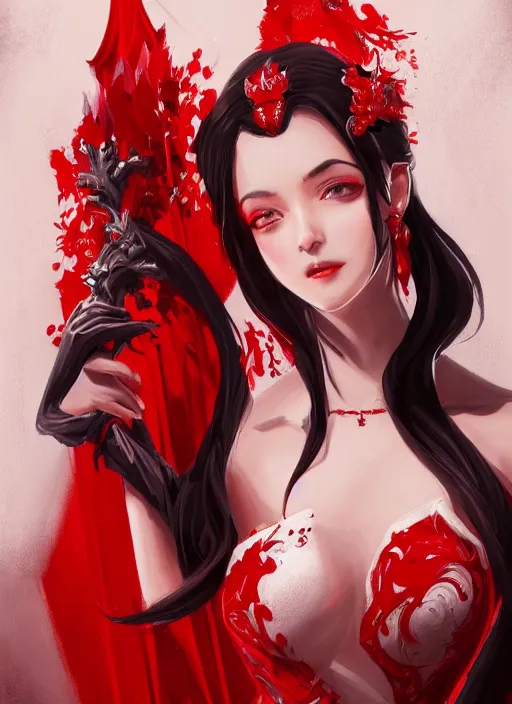 Image similar to a highly detailed illustration of beautiful hime cut black haired tall woman wearing red dress, dramatic smiling pose, intricate, elegant, highly detailed, centered, digital painting, artstation, concept art, smooth, sharp focus, league of legends concept art, wlop