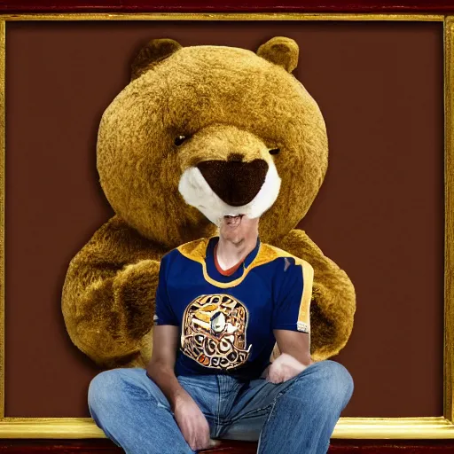 Image similar to a photo in a circular ornate golden frame, of a brown and red college mascot bear wearing blue jeans sitting on the bleachers inside the gym,