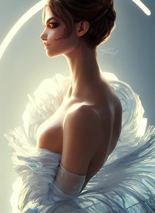 Image similar to beautiful fashion goddness, strapless dress, character portrait in the style of thomas river and artgerm, wlop, cinematic lighting, hyperdetailed, 8 k realistic, symmetrical, global illumination, radiant light, halo, love and mercy, frostbite 3 engine, cryengine, dof, trending on artstation, digital art, chanel