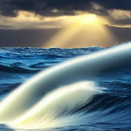 Prompt: a photo of a beam of light striking the ocean causing large waves, highly detailed