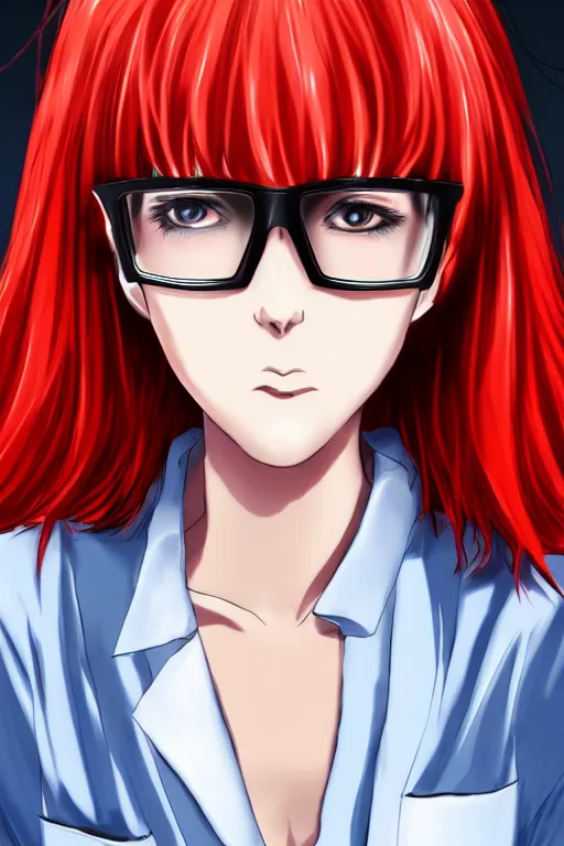 Prompt: full body anime portrait of a cool emo red hair white glasses dressed in a lab coat cinematic highly detailed 4 k
