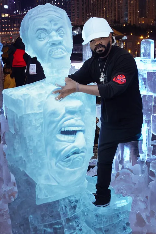 Image similar to dramatic photo, the rapper'ice cube'carving a full body ice sculpture of rapper'ice cube'at harbin ice festival, wide angle photo, award winning, artgerm, wlop, james gurney, trending on artstation