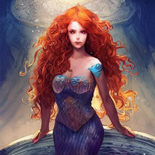 Image similar to character portrait of the mermaid Princess of Atlantis, color page, 4K, tone mapping, Akihiko Yoshida, James_Jean_Andrei_Riabovitchev_Marc_Simonetti, Yoshitaka Amano, digital illustration, curls