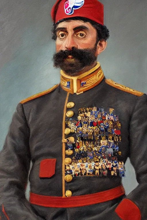 Image similar to full body portrait of the dictator of the philadelphia 7 6 ers, 1 8 8 9, in full military garb, oil on canvas by william sidney mount, trending on artstation