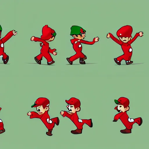 Prompt: Animation walk cycle. sprite character. Male with a red hat and red overalls. 6 frames of animation