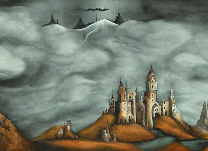 Prompt: The Elf King\'s castle on a mountain under a stormy sky, style of Leonora Carrington, deviantart